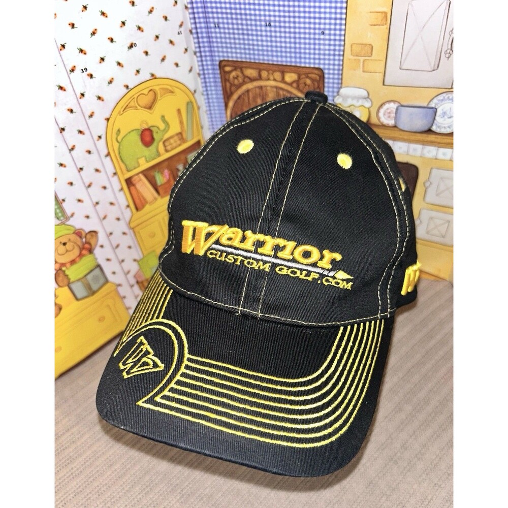 Warrior Custom Golf Hat Baseball Cap Black Yellow Embroidered Spell Out Strap